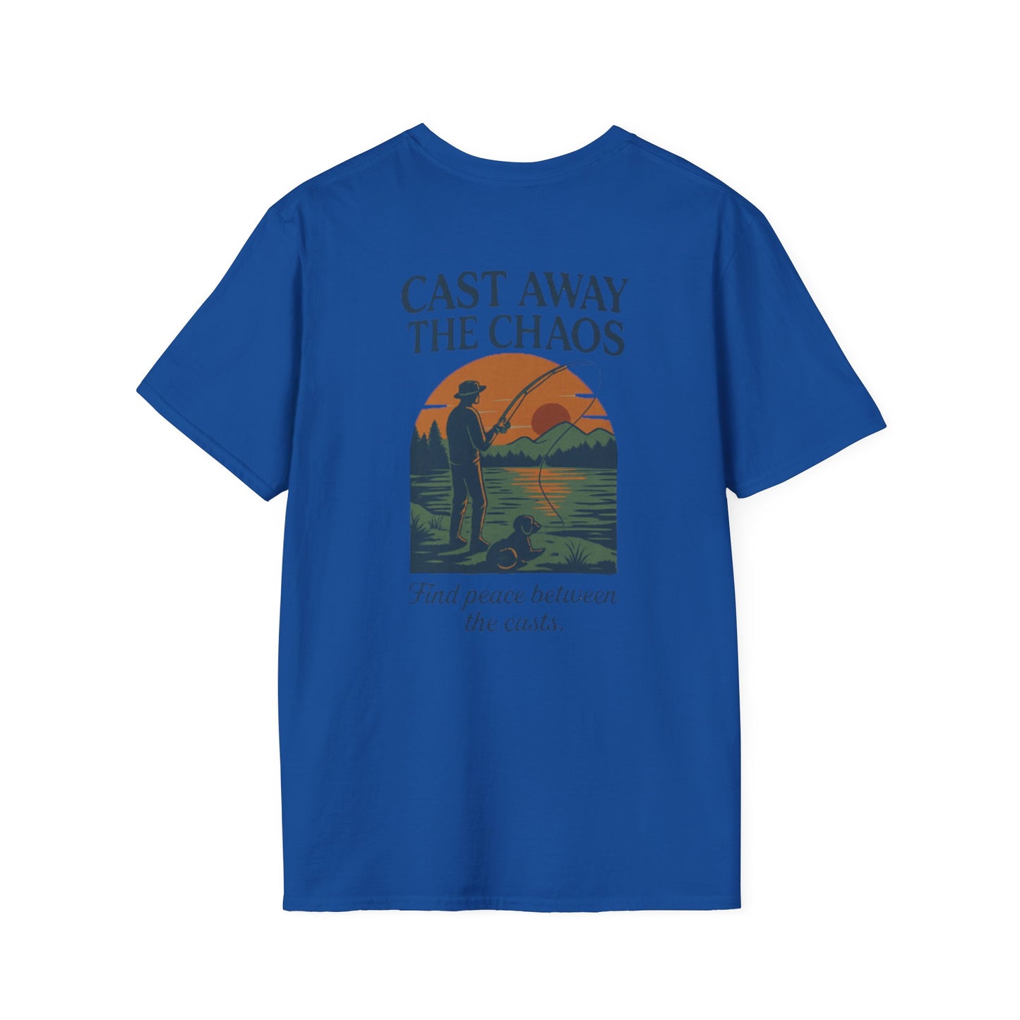 Cast Away the Chaos Fishing T-Shirt – Vintage Sunset Lake Design