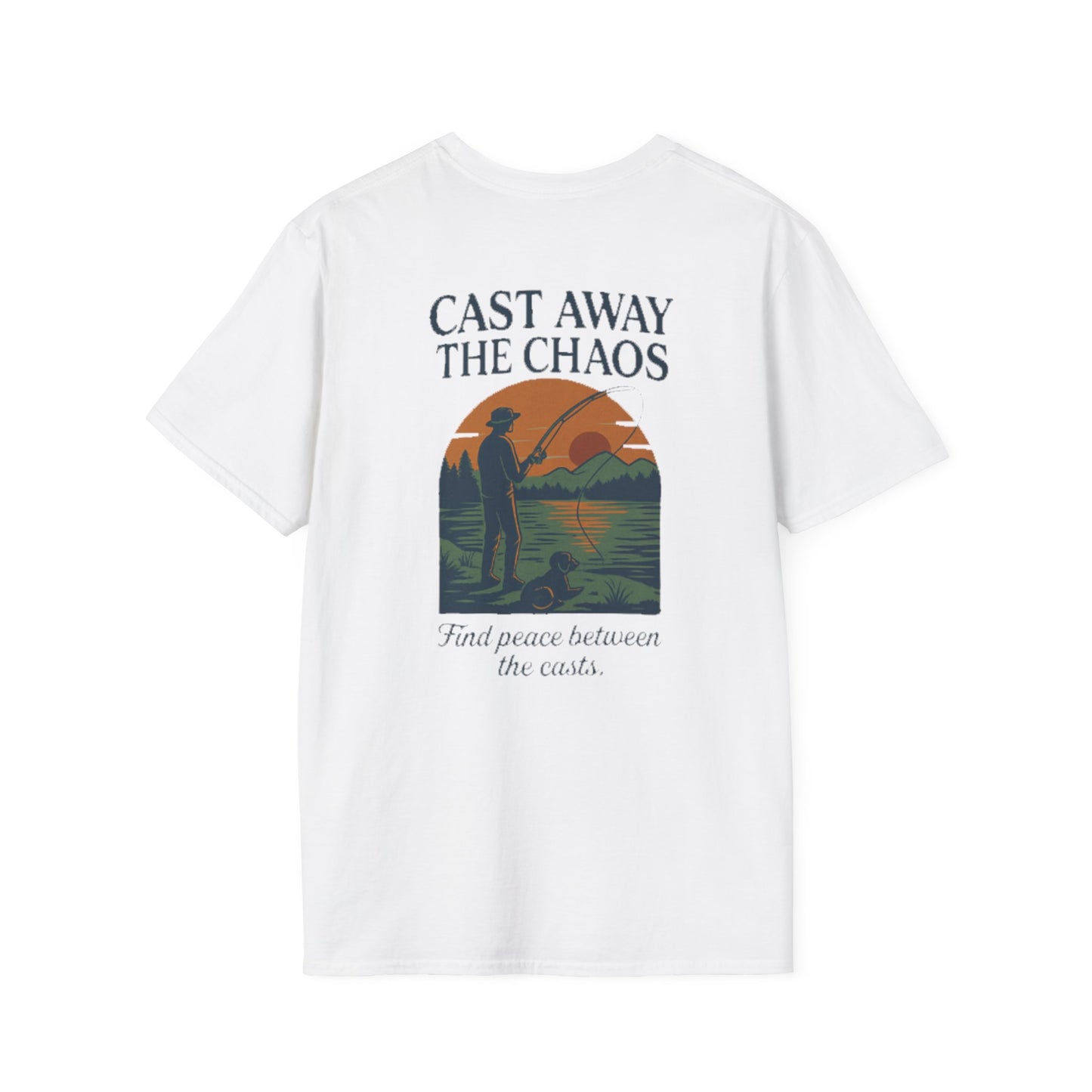 Cast Away the Chaos Fishing T-Shirt – Vintage Sunset Lake Design