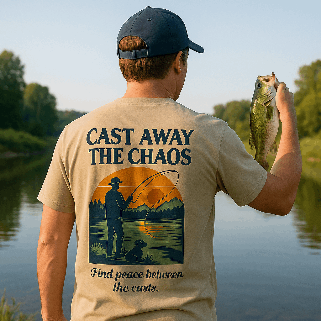 Cast Away the Chaos Fishing T-Shirt – Vintage Sunset Lake Design