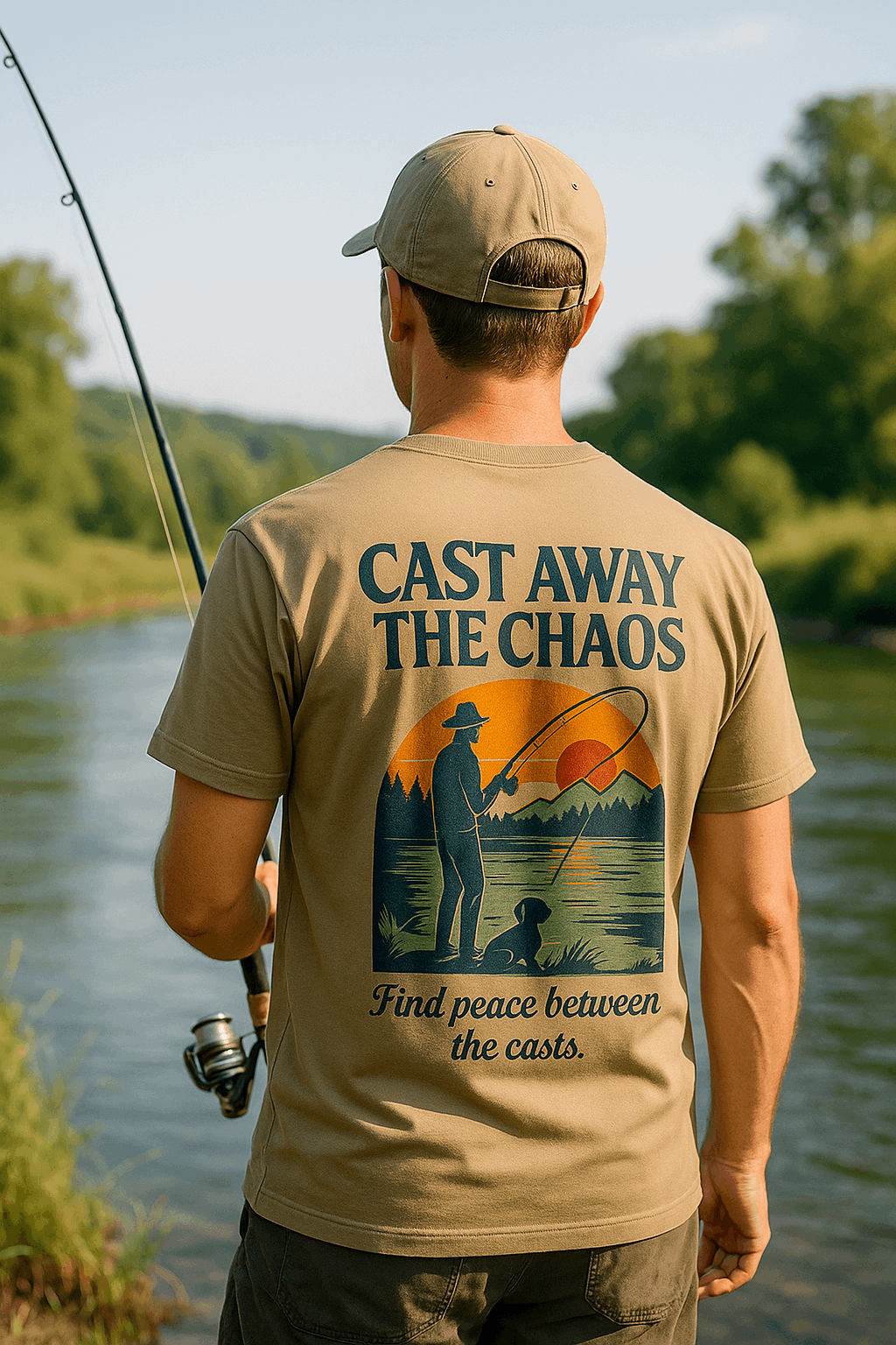 Cast Away the Chaos Fishing T-Shirt – Vintage Sunset Lake Design