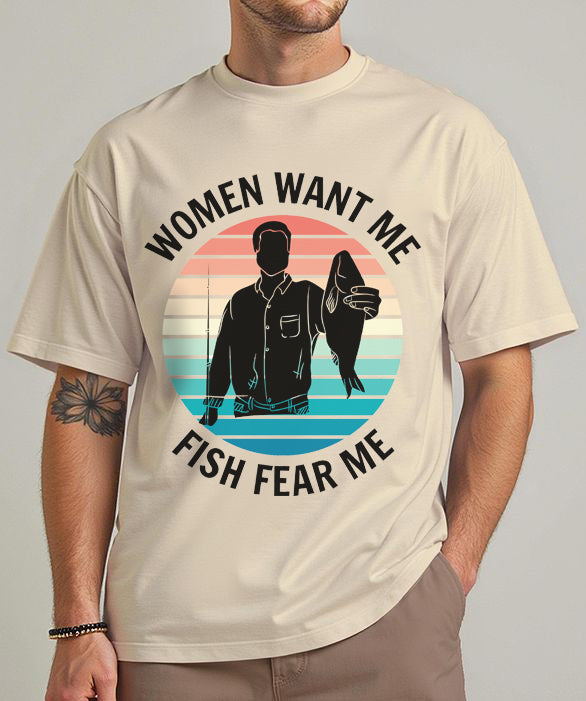 Men’s white fishing t-shirt with acronym F.I.S.H. – Father In Search of Hook – and the phrase 'Cast, wait, repeat'; casual tee for dads who love fishing.