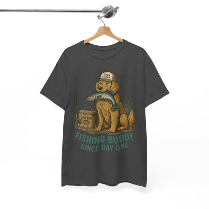 Fishing Buddy T-Shirt – Cute Dog & Fishing Graphic Tee | Gift for Men, Pet Lovers & Anglers