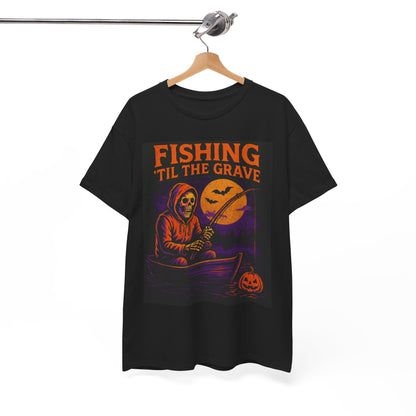 Fishing ’Til The Grave Halloween Shirt – Vintage Ghost Fisherman Tee for Men, Spooky Angler Gift