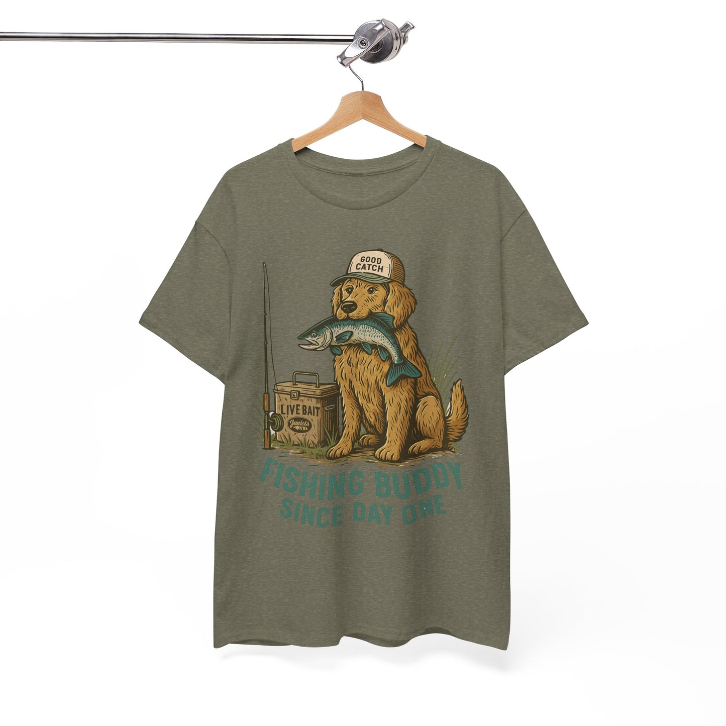 Fishing Buddy T-Shirt – Cute Dog & Fishing Graphic Tee | Gift for Men, Pet Lovers & Anglers