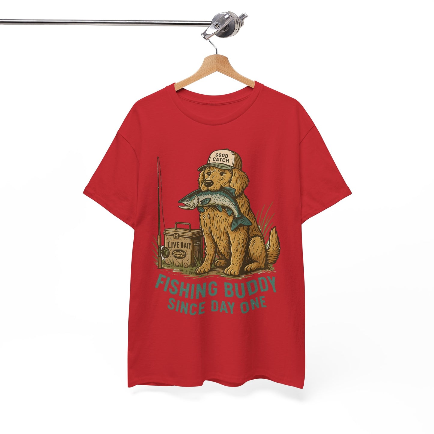 Fishing Buddy T-Shirt – Cute Dog & Fishing Graphic Tee | Gift for Men, Pet Lovers & Anglers