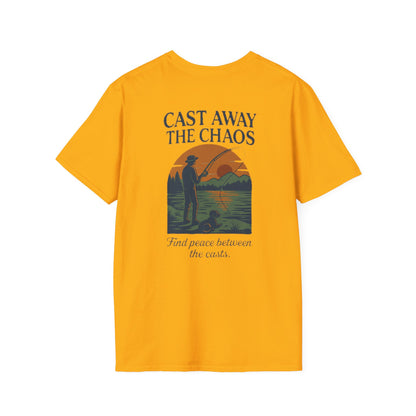 Cast Away the Chaos Fishing T-Shirt – Vintage Sunset Lake Design