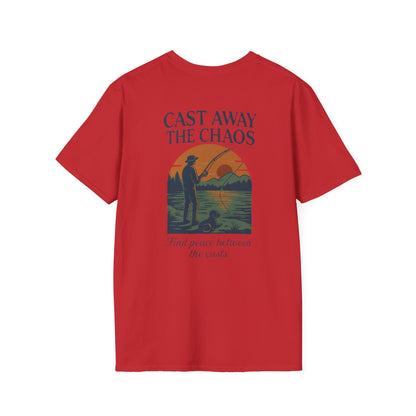 Cast Away the Chaos Fishing T-Shirt – Vintage Sunset Lake Design