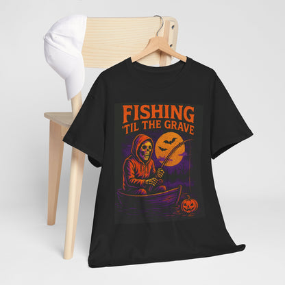 Fishing ’Til The Grave Halloween Shirt – Vintage Ghost Fisherman Tee for Men, Spooky Angler Gift