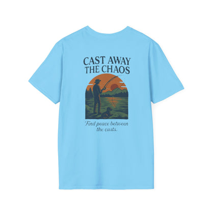 Cast Away the Chaos Fishing T-Shirt – Vintage Sunset Lake Design