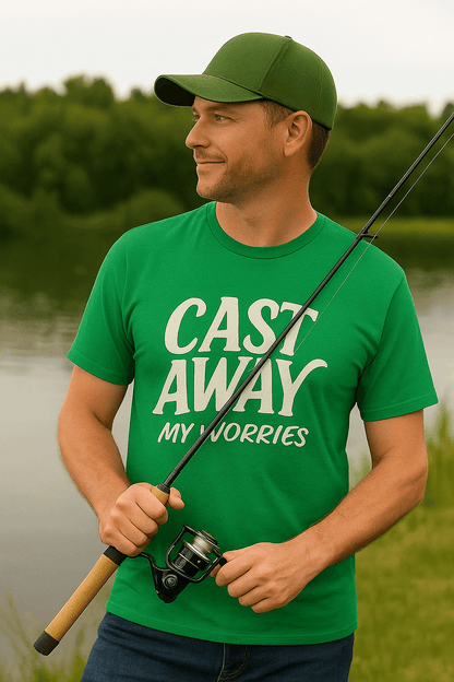 Cast Away My Worries Funny Fishing T-Shirt – Relaxed Fit Angler Tee Gift for Men
