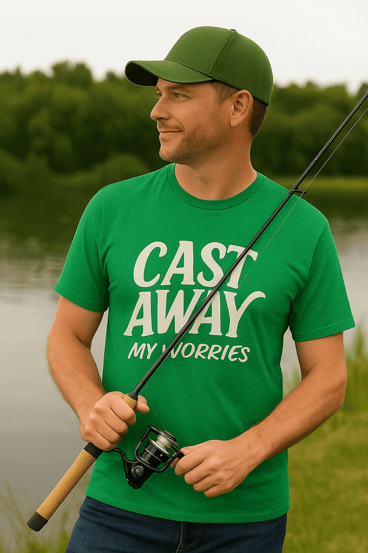 Cast Away My Worries Funny Fishing T-Shirt – Relaxed Fit Angler Tee Gift for Men
