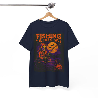 Fishing ’Til The Grave Halloween Shirt – Vintage Ghost Fisherman Tee for Men, Spooky Angler Gift