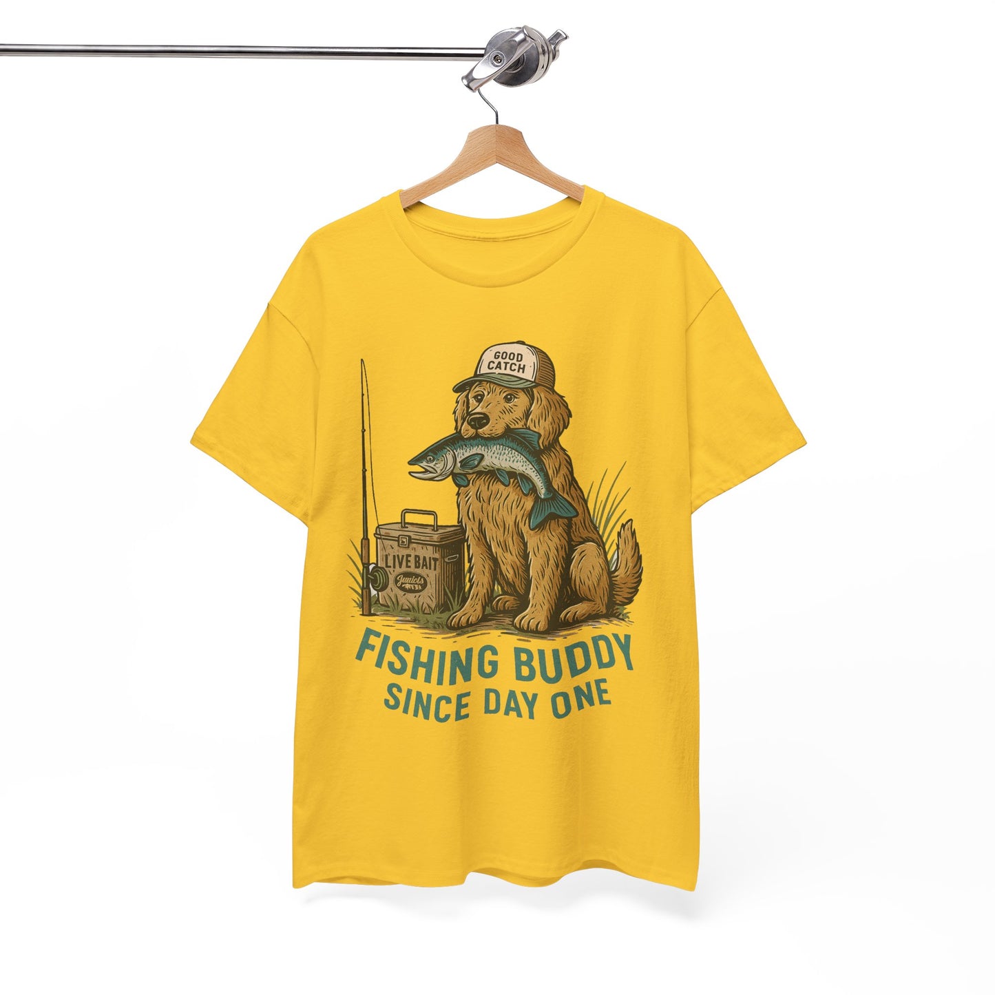 Fishing Buddy T-Shirt – Cute Dog & Fishing Graphic Tee | Gift for Men, Pet Lovers & Anglers
