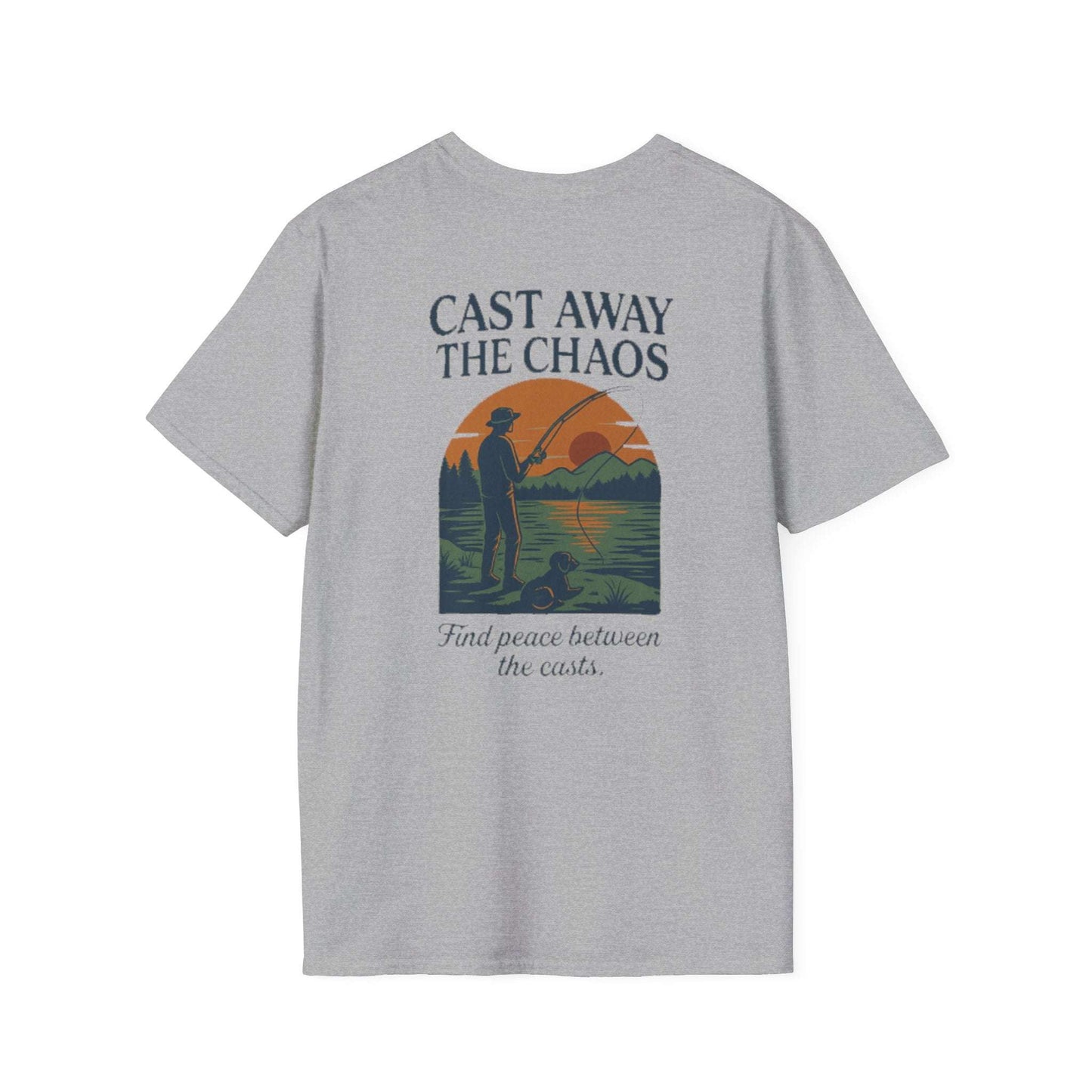Cast Away the Chaos Fishing T-Shirt – Vintage Sunset Lake Design