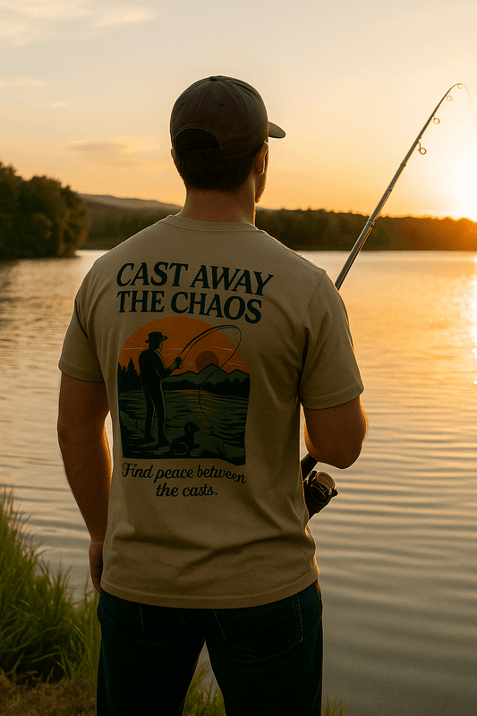 Cast Away the Chaos Fishing T-Shirt – Vintage Sunset Lake Design