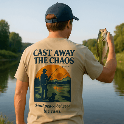 Cast Away the Chaos Fishing T-Shirt – Vintage Sunset Lake Design