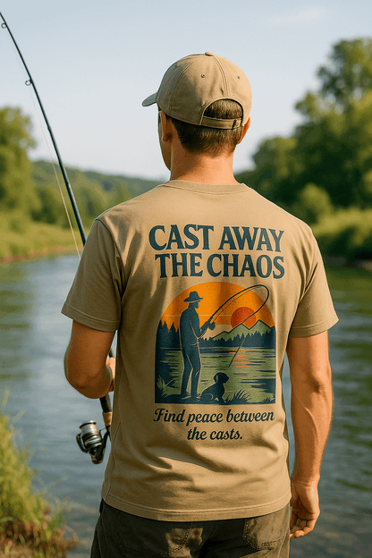 Cast Away the Chaos Fishing T-Shirt – Vintage Sunset Lake Design