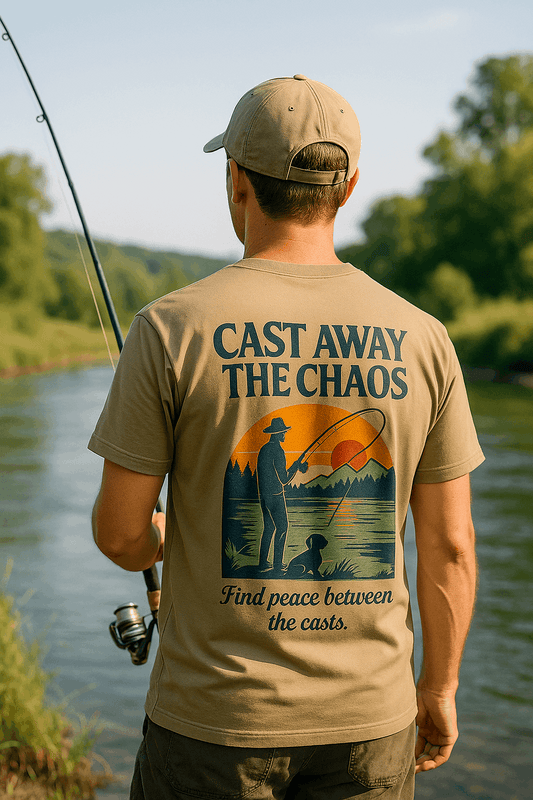 Cast Away the Chaos Fishing T-Shirt – Vintage Sunset Lake Design