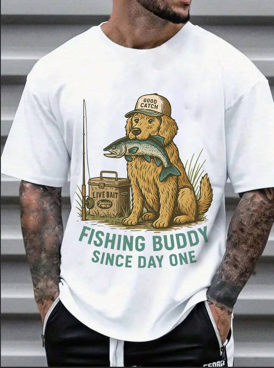 Fishing Buddy T-Shirt – Cute Dog & Fishing Graphic Tee | Gift for Men, Pet Lovers & Anglers