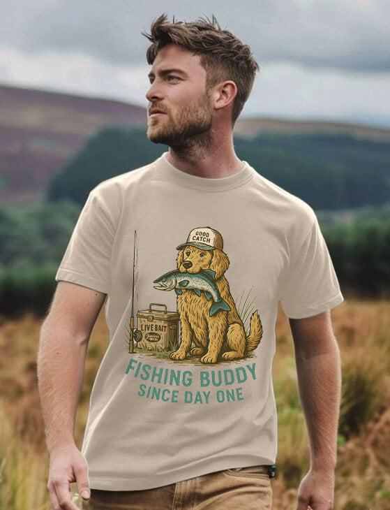 Fishing Buddy T-Shirt – Cute Dog & Fishing Graphic Tee | Gift for Men, Pet Lovers & Anglers