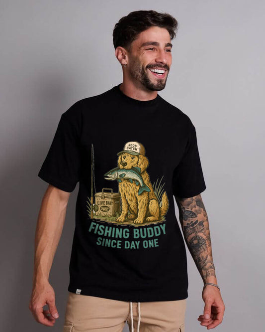 Fishing Buddy T-Shirt – Cute Dog & Fishing Graphic Tee | Gift for Men, Pet Lovers & Anglers
