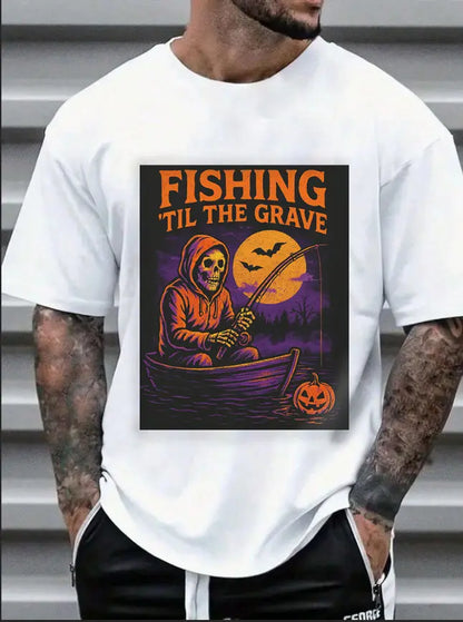 Fishing ’Til The Grave Halloween Shirt – Vintage Ghost Fisherman Tee for Men, Spooky Angler Gift