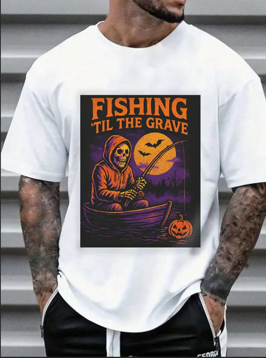 Fishing ’Til The Grave Halloween Shirt – Vintage Ghost Fisherman Tee for Men, Spooky Angler Gift