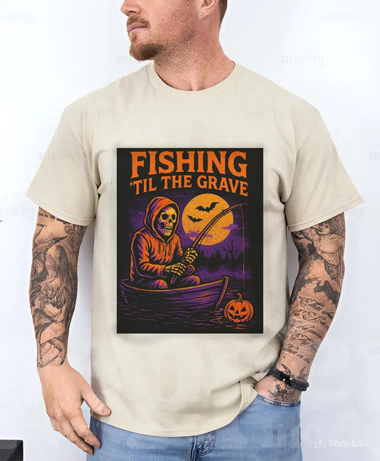 Fishing ’Til The Grave Halloween Shirt – Vintage Ghost Fisherman Tee for Men, Spooky Angler Gift