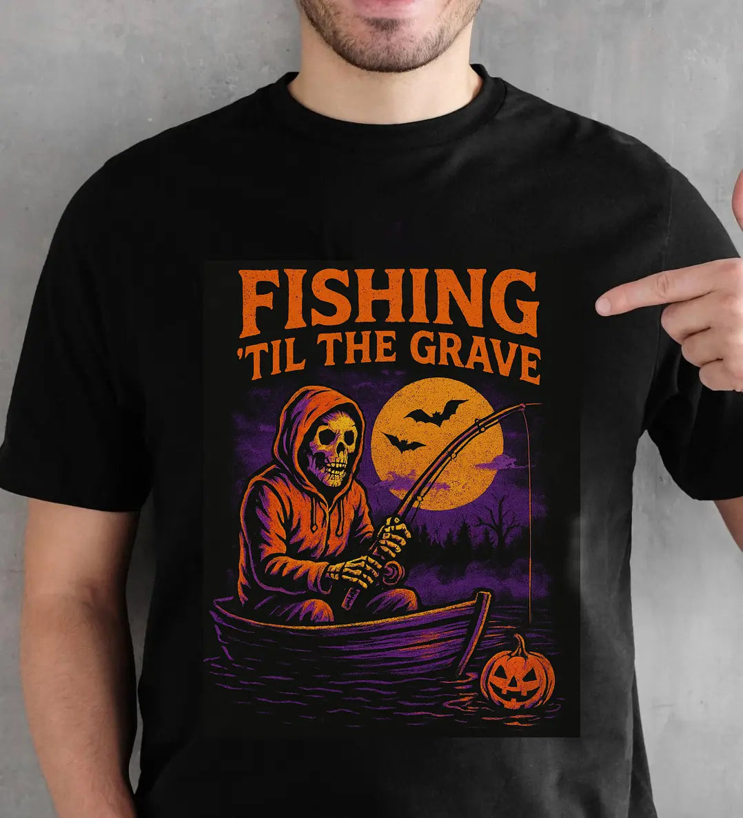 Fishing ’Til The Grave Halloween Shirt – Vintage Ghost Fisherman Tee for Men, Spooky Angler Gift