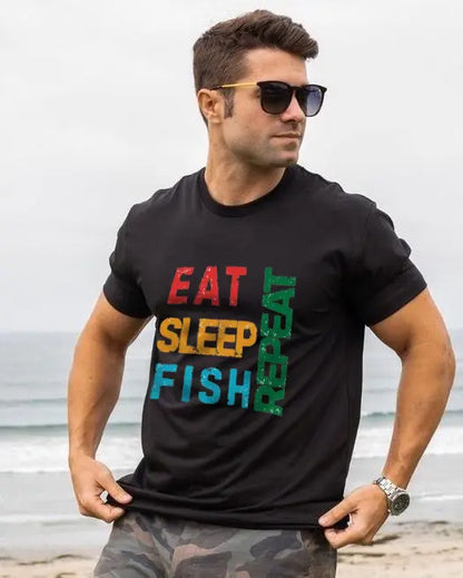 Eat. Sleep. Fish. Repeat - Funny Fishing T-Shirt for Men, Casual Tee for Dads, Husbands & Anglers
