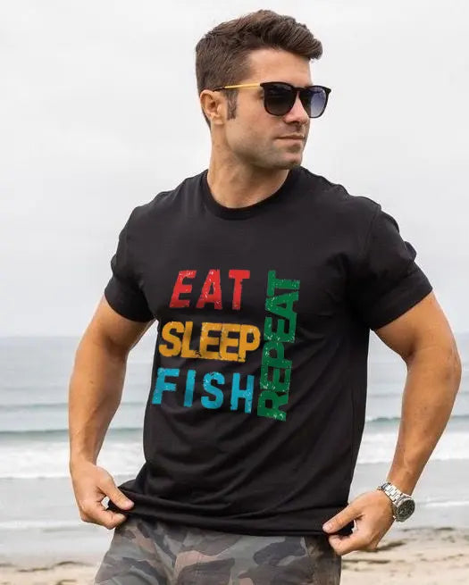Eat. Sleep. Fish. Repeat - Funny Fishing T-Shirt for Men, Casual Tee for Dads, Husbands & Anglers