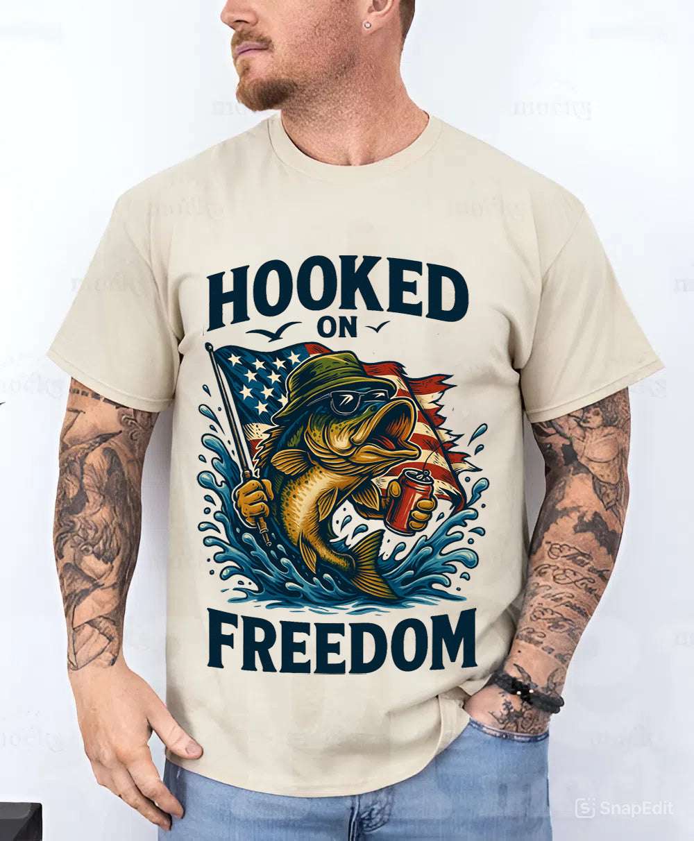 Fishing Freedom T-Shirt – Hooked on Freedom Patriotic Tee | Outdoor Gift for Anglers