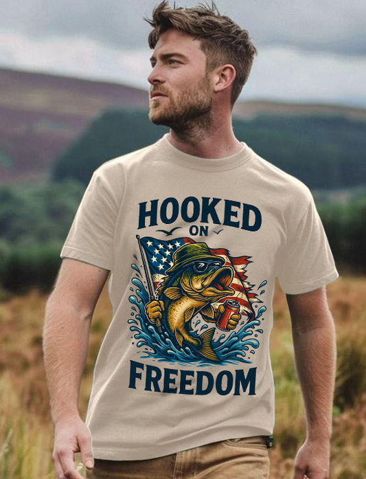 Fishing Freedom T-Shirt – Hooked on Freedom Patriotic Tee | Outdoor Gift for Anglers