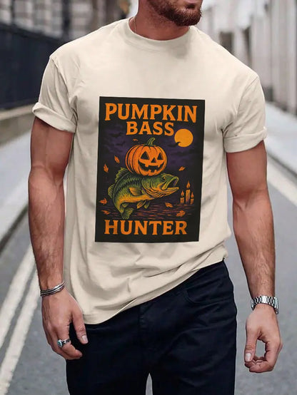 Pumpkin Bass Hunter Fishing Tee - Halloween Outdoor Shirt for Men, Fall Casual Wear, Perfect Fisherman Gift