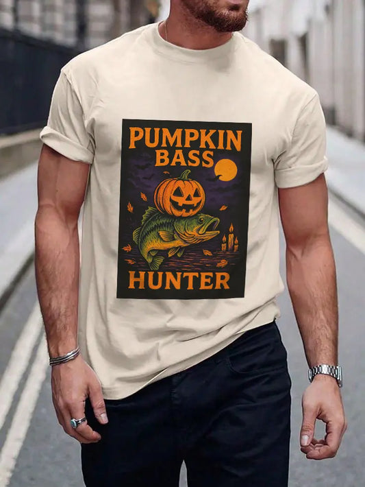 Pumpkin Bass Hunter Fishing Tee - Halloween Outdoor Shirt for Men, Fall Casual Wear, Perfect Fisherman Gift