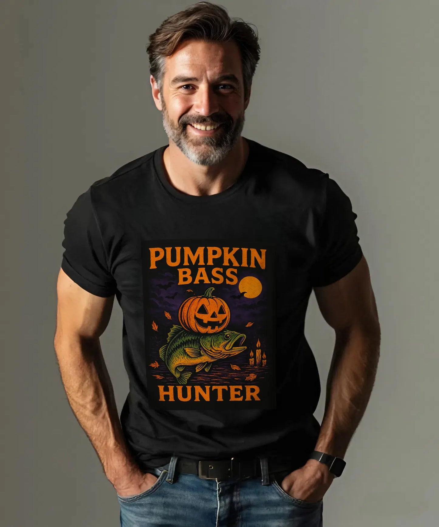 Pumpkin Bass Hunter Fishing Tee - Halloween Outdoor Shirt for Men, Fall Casual Wear, Perfect Fisherman Gift