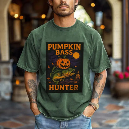 Pumpkin Bass Hunter Fishing Tee - Halloween Outdoor Shirt for Men, Fall Casual Wear, Perfect Fisherman Gift